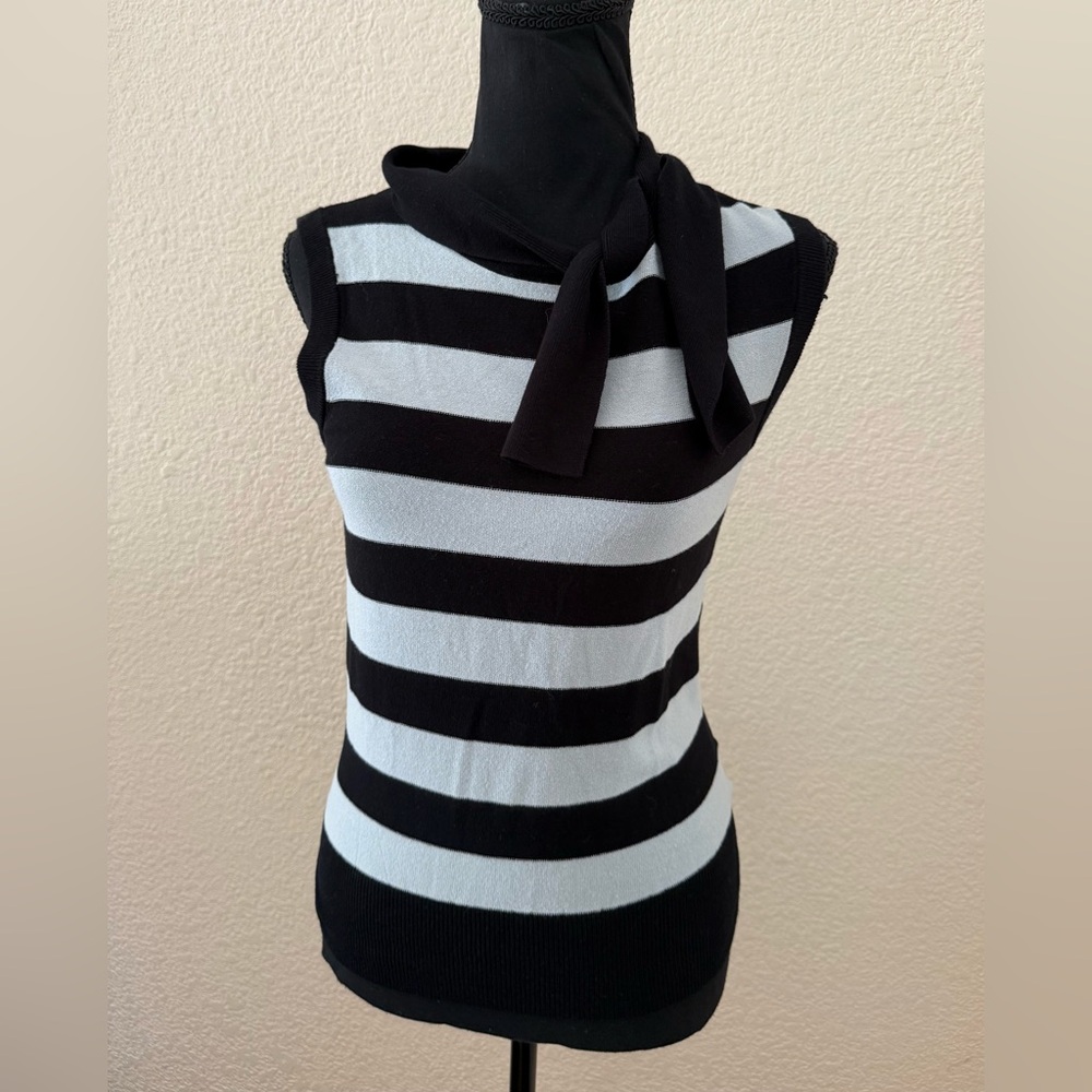 Vintage Club Monaco Mint & Black Striped Sleeveless Sweater Top Tie Neck Small